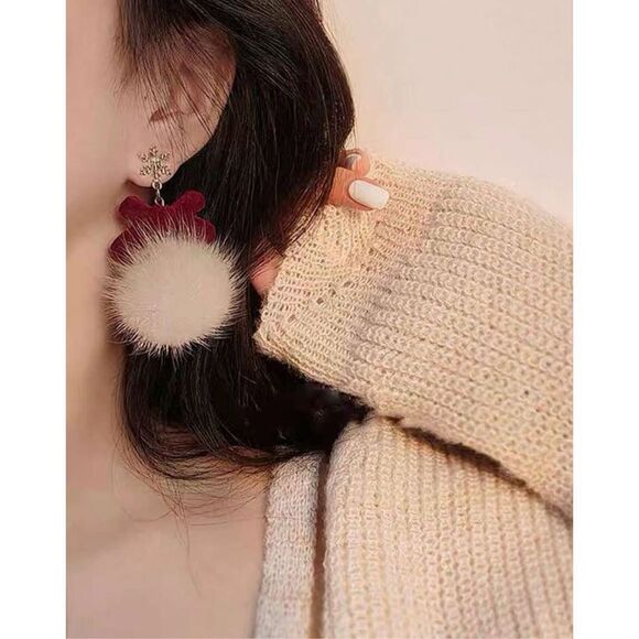 Holiday Christmas Vegan Fur Ball Red Bow Dangle Drop Earrings - Picture 2 of 8